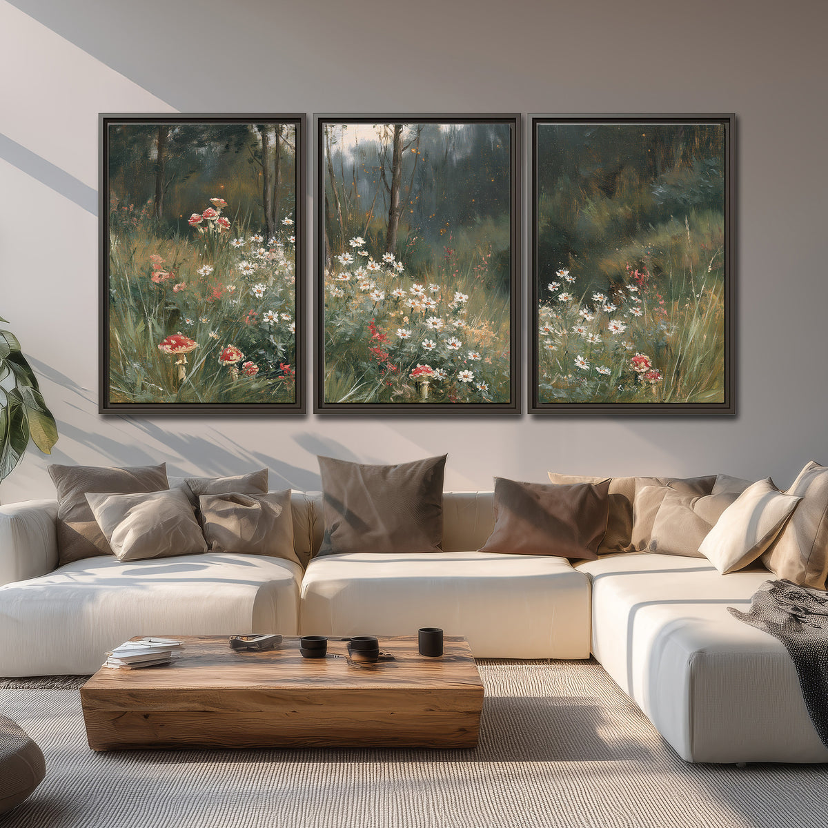 A soft woodland meadow filled with pale flowers and scattered warm red accents 3 piece framed canvas wall art displayed in a living room