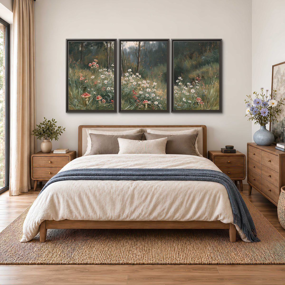 A soft woodland meadow filled with pale flowers and scattered warm red accents 3 piece framed canvas wall art styled in an interior