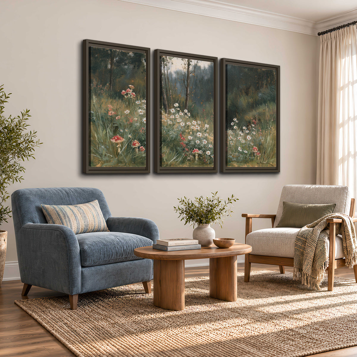 A soft woodland meadow filled with pale flowers and scattered warm red accents 3 piece framed canvas wall art styled in an interior