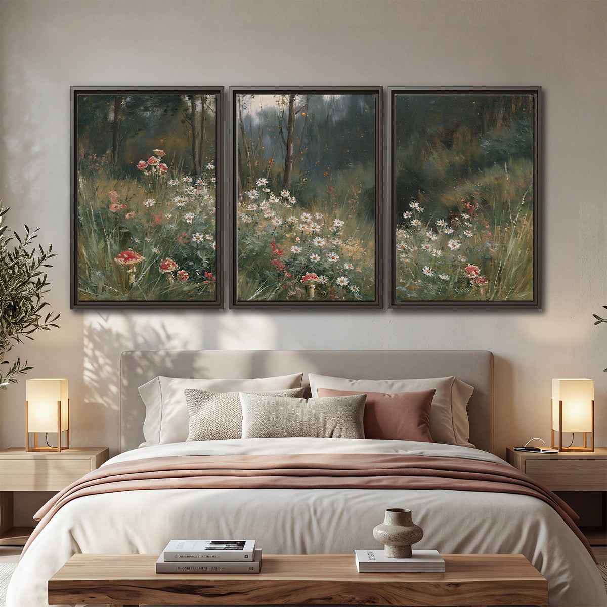 A soft woodland meadow filled with pale flowers and scattered warm red accents 3 piece framed canvas wall art displayed in a bedroom