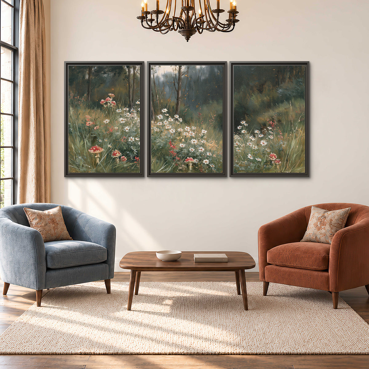 A soft woodland meadow filled with pale flowers and scattered warm red accents 3 piece framed canvas wall art styled in an interior