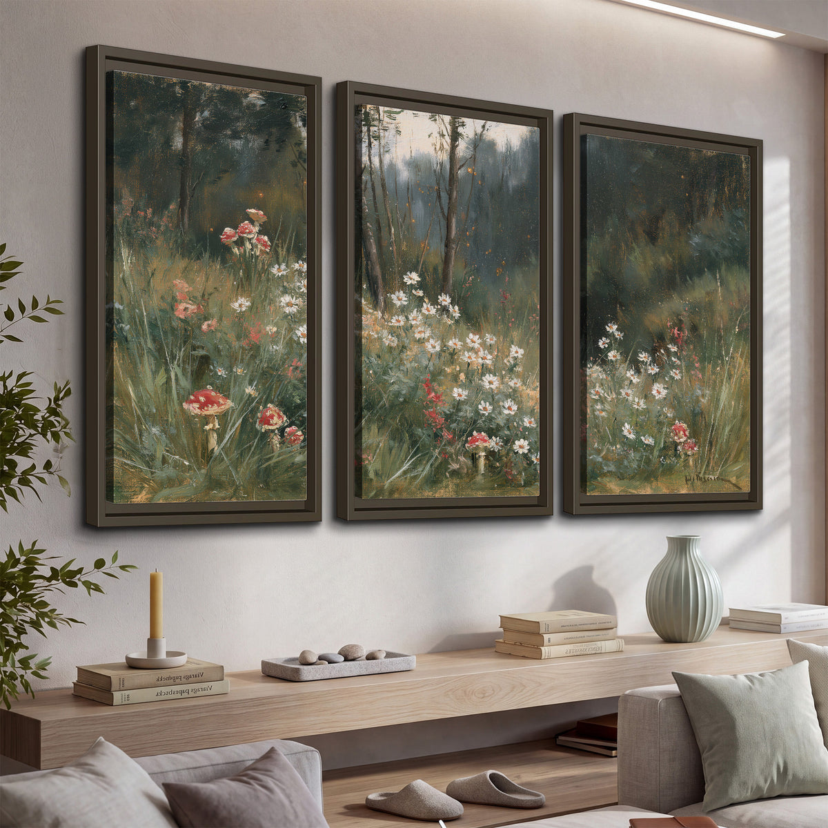 A soft woodland meadow filled with pale flowers and scattered warm red accents 3 piece framed canvas wall art displayed in a console