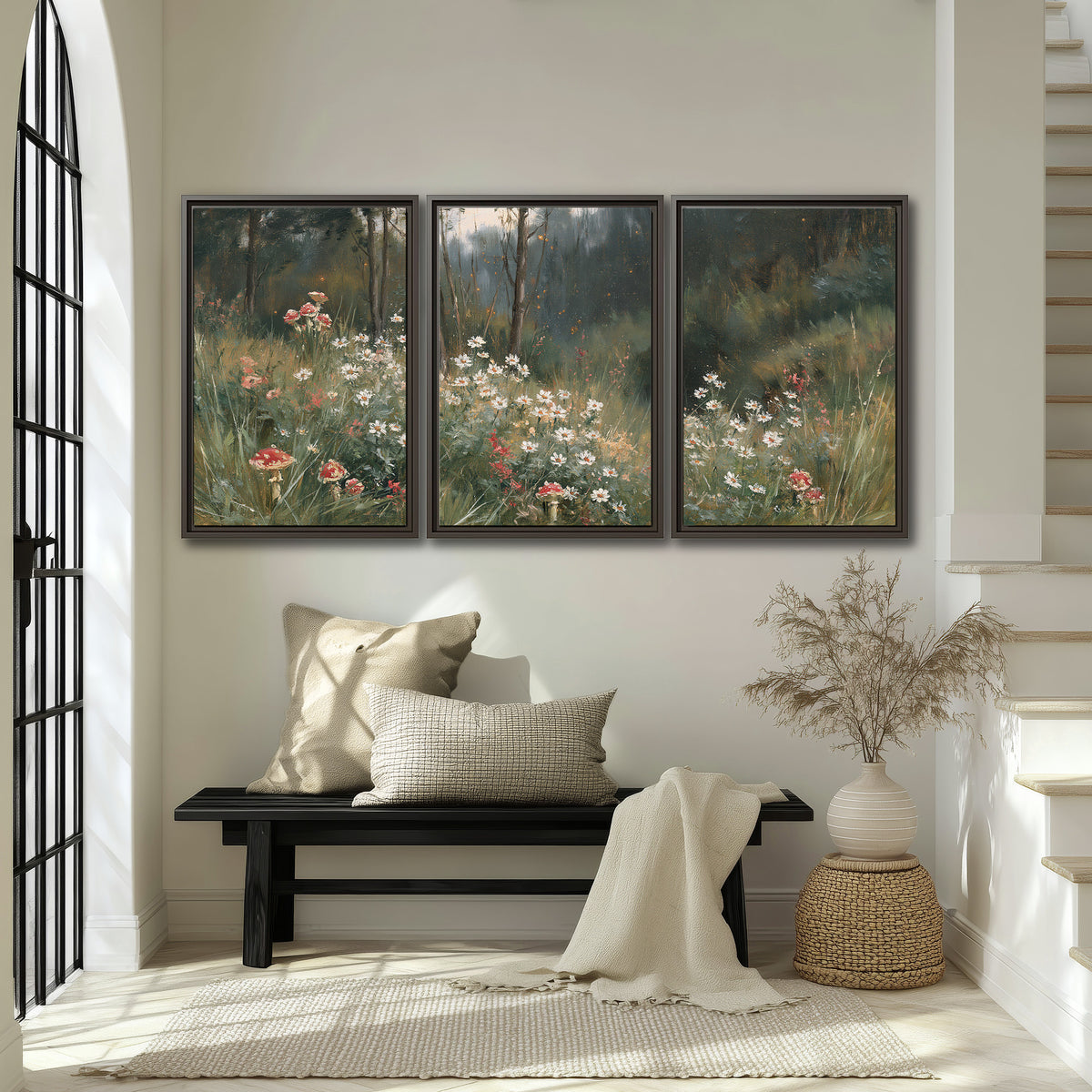 A soft woodland meadow filled with pale flowers and scattered warm red accents 3 piece framed canvas wall art displayed in a entryway