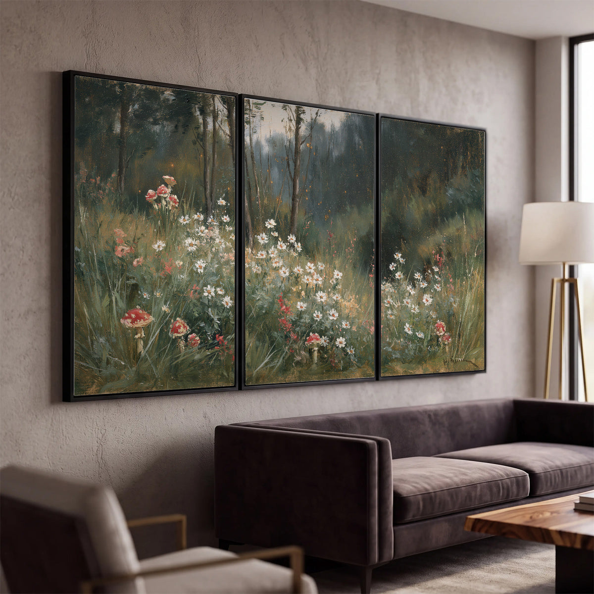 A soft woodland meadow filled with pale flowers and scattered warm red accents 3 piece framed canvas wall art displayed in a modern living room