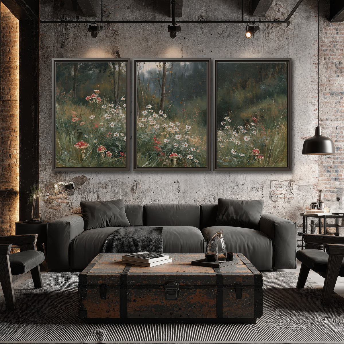 A soft woodland meadow filled with pale flowers and scattered warm red accents 3 piece framed canvas wall art displayed in a industrial room