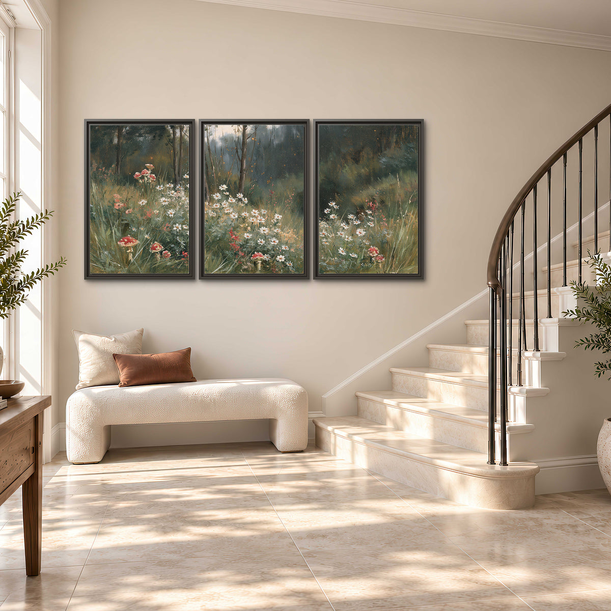 A soft woodland meadow filled with pale flowers and scattered warm red accents 3 piece framed canvas wall art styled in an interior