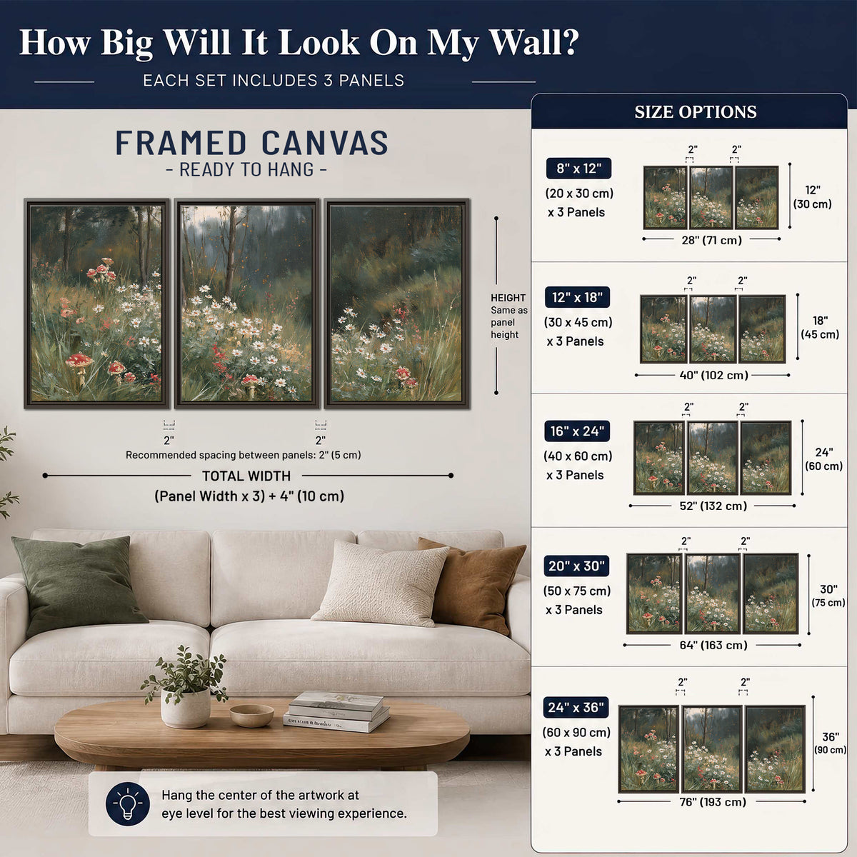 A soft woodland meadow filled with pale flowers and scattered warm red accents 3 piece framed canvas wall art size guide above a sofa; room view is illustrative