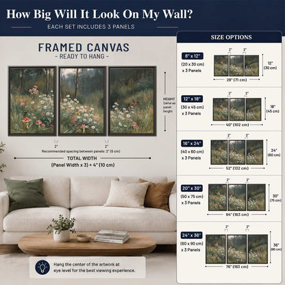 A soft woodland meadow filled with pale flowers and scattered warm red accents 3 piece framed canvas wall art size guide above a sofa; room view is illustrative