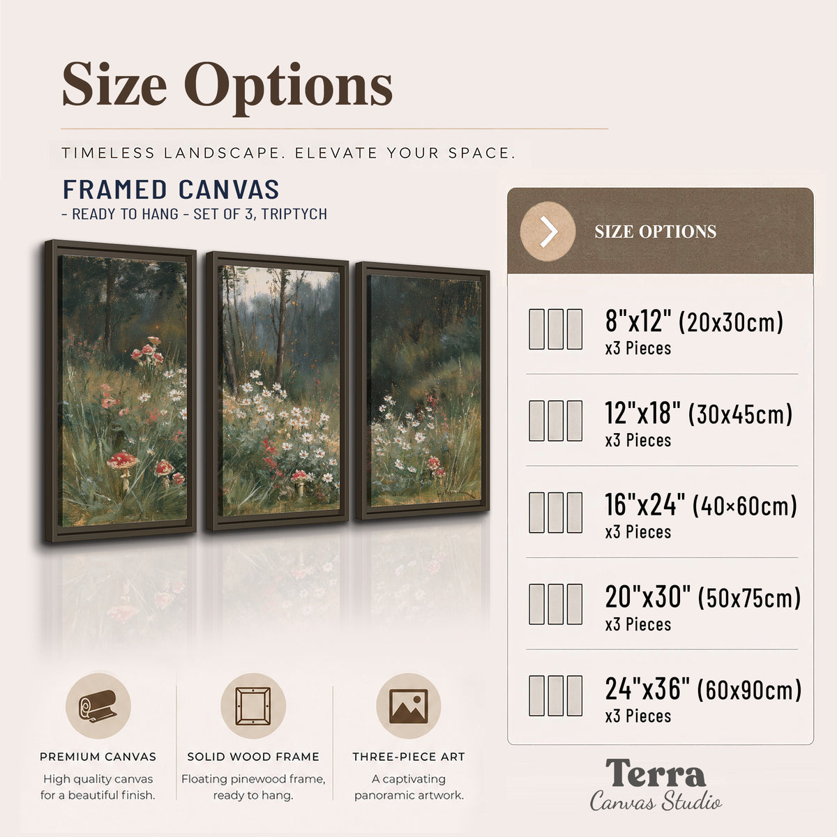 A soft woodland meadow filled with pale flowers and scattered warm red accents 3 piece framed canvas wall art available dimensions; triptych dimensions are per panel