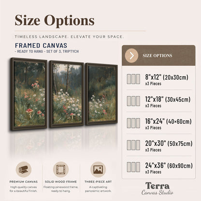 A soft woodland meadow filled with pale flowers and scattered warm red accents 3 piece framed canvas wall art available dimensions; triptych dimensions are per panel