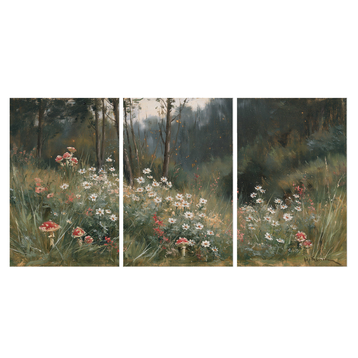 A soft woodland meadow filled with pale flowers and scattered warm red accents set of 3 poster prints viewed straight on