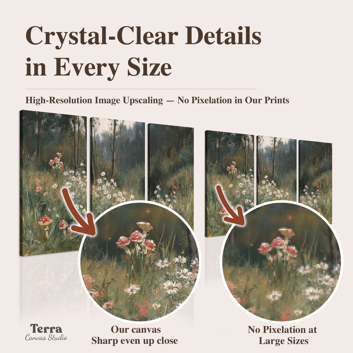 A soft woodland meadow filled with pale flowers and scattered warm red accents artwork quality information