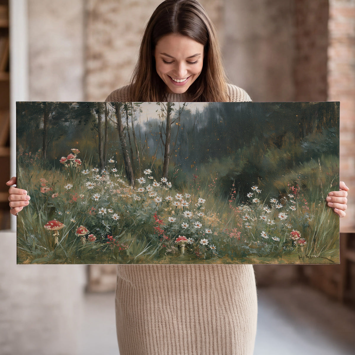 A soft woodland meadow filled with pale flowers and scattered warm red accents single canvas wall art held in hands