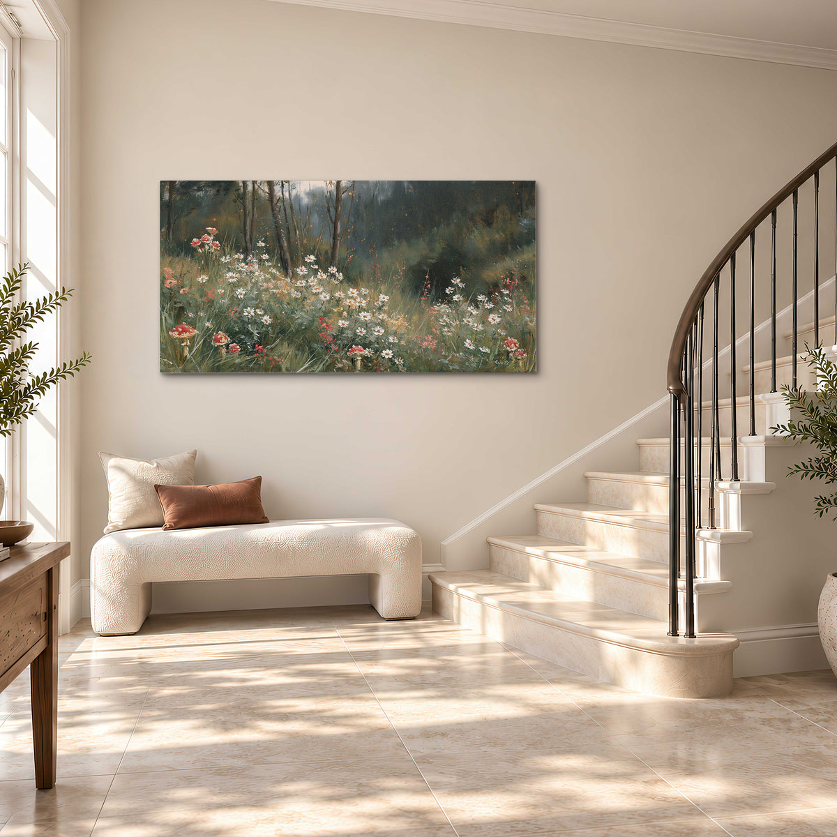 A soft woodland meadow filled with pale flowers and scattered warm red accents single canvas wall art styled in an interior