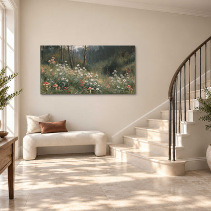 A soft woodland meadow filled with pale flowers and scattered warm red accents single canvas wall art styled in an interior