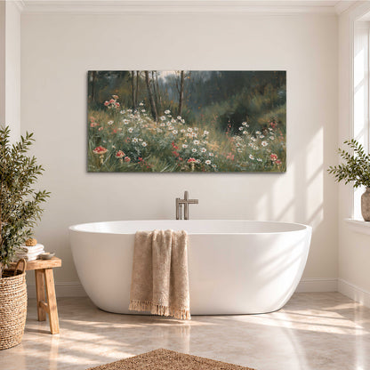 A soft woodland meadow filled with pale flowers and scattered warm red accents single canvas wall art styled in an interior