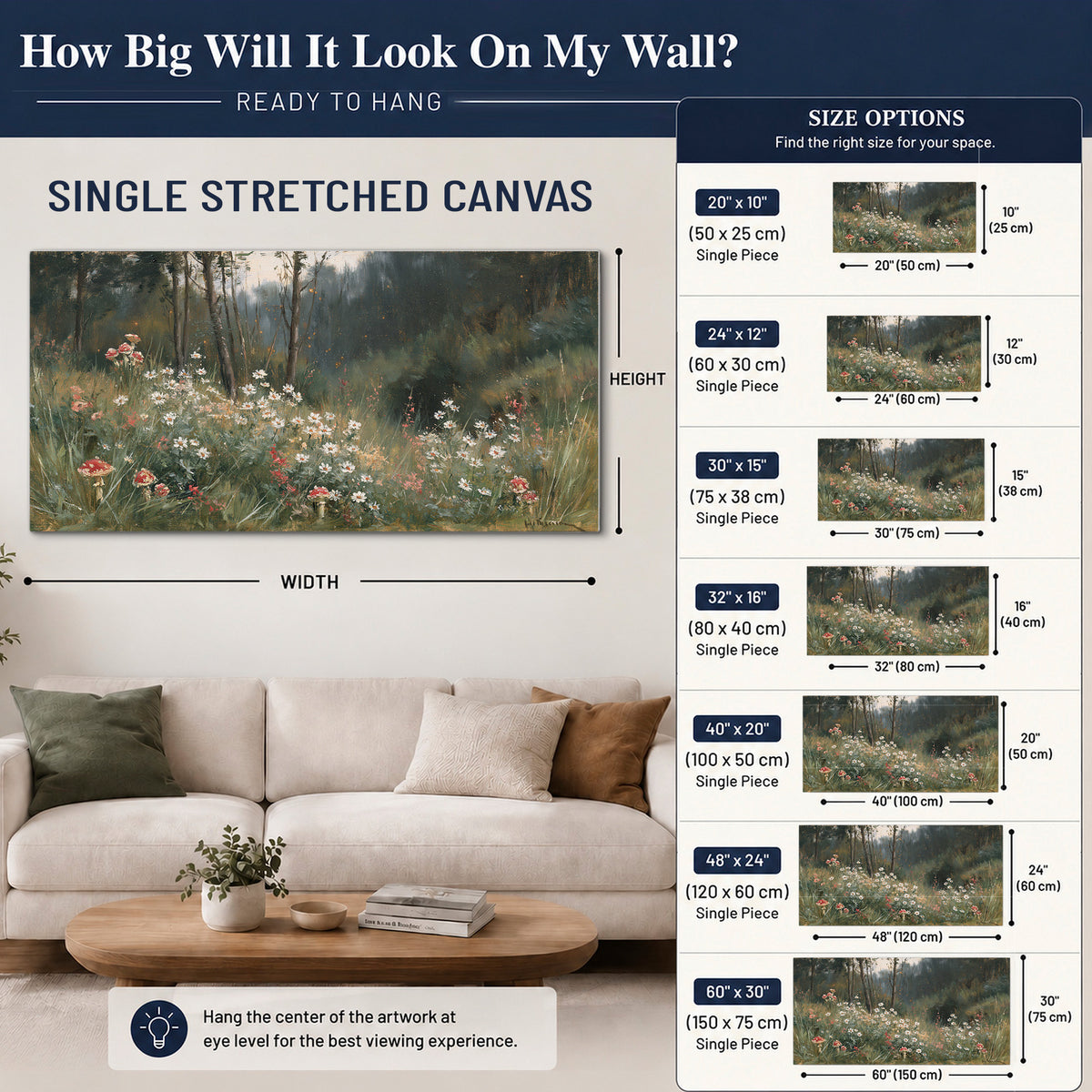 A soft woodland meadow filled with pale flowers and scattered warm red accents single canvas wall art size guide above a sofa; room view is illustrative