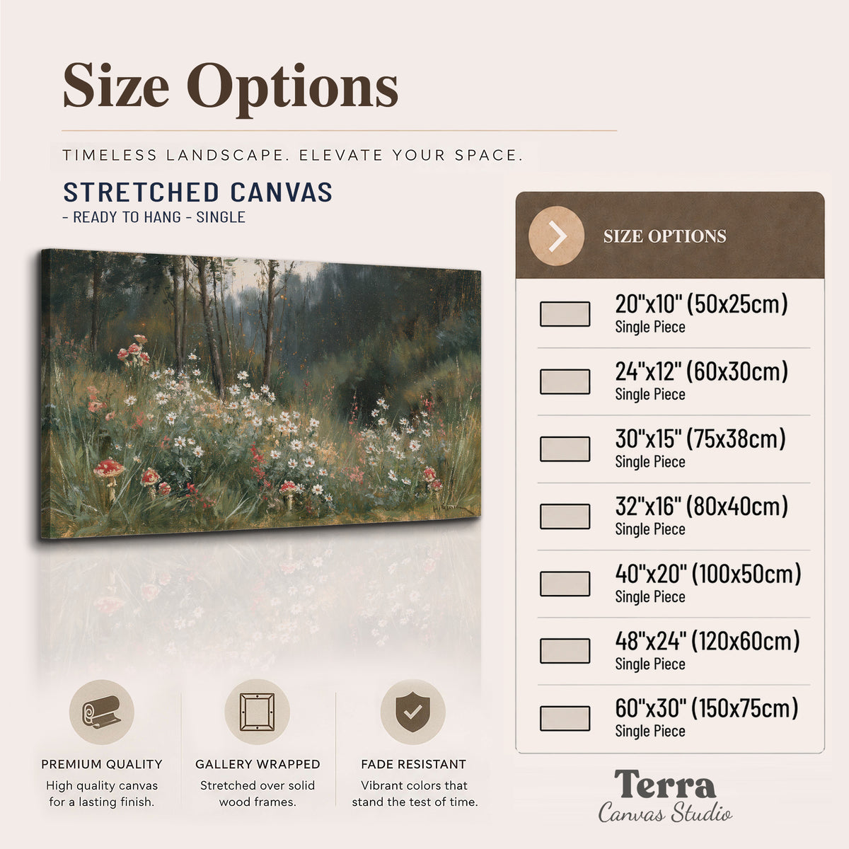 A soft woodland meadow filled with pale flowers and scattered warm red accents single canvas wall art available dimensions