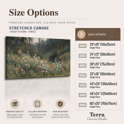 A soft woodland meadow filled with pale flowers and scattered warm red accents single canvas wall art available dimensions