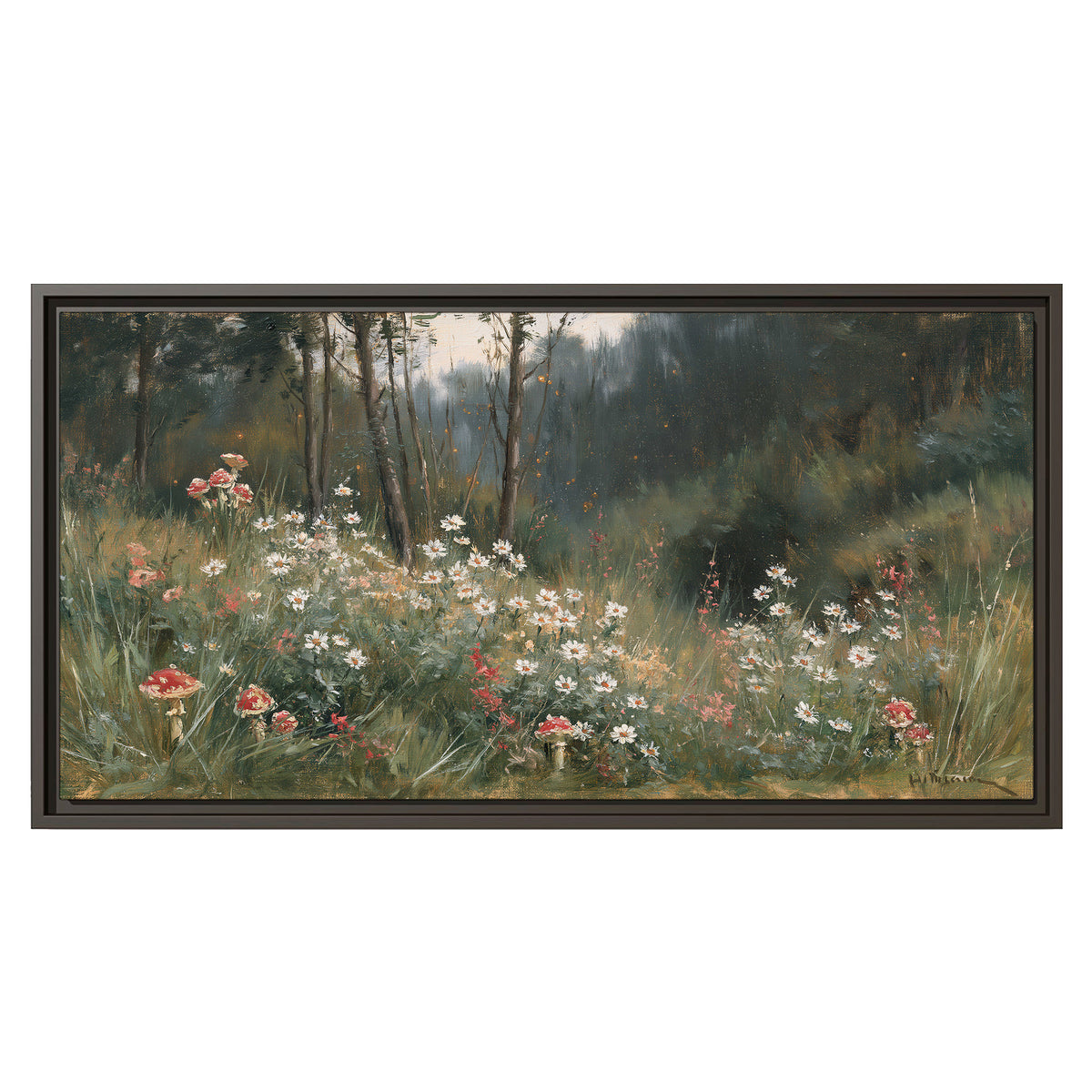 A soft woodland meadow filled with pale flowers and scattered warm red accents single framed canvas wall art viewed straight on