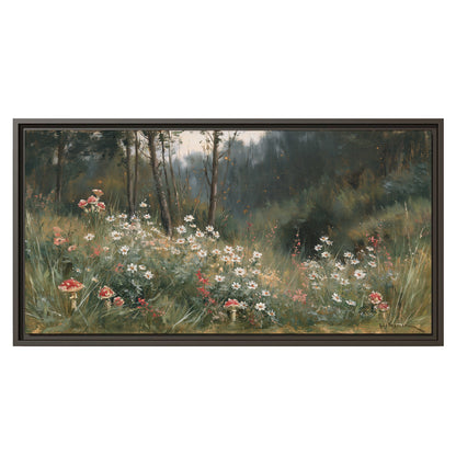 A soft woodland meadow filled with pale flowers and scattered warm red accents single framed canvas wall art viewed straight on