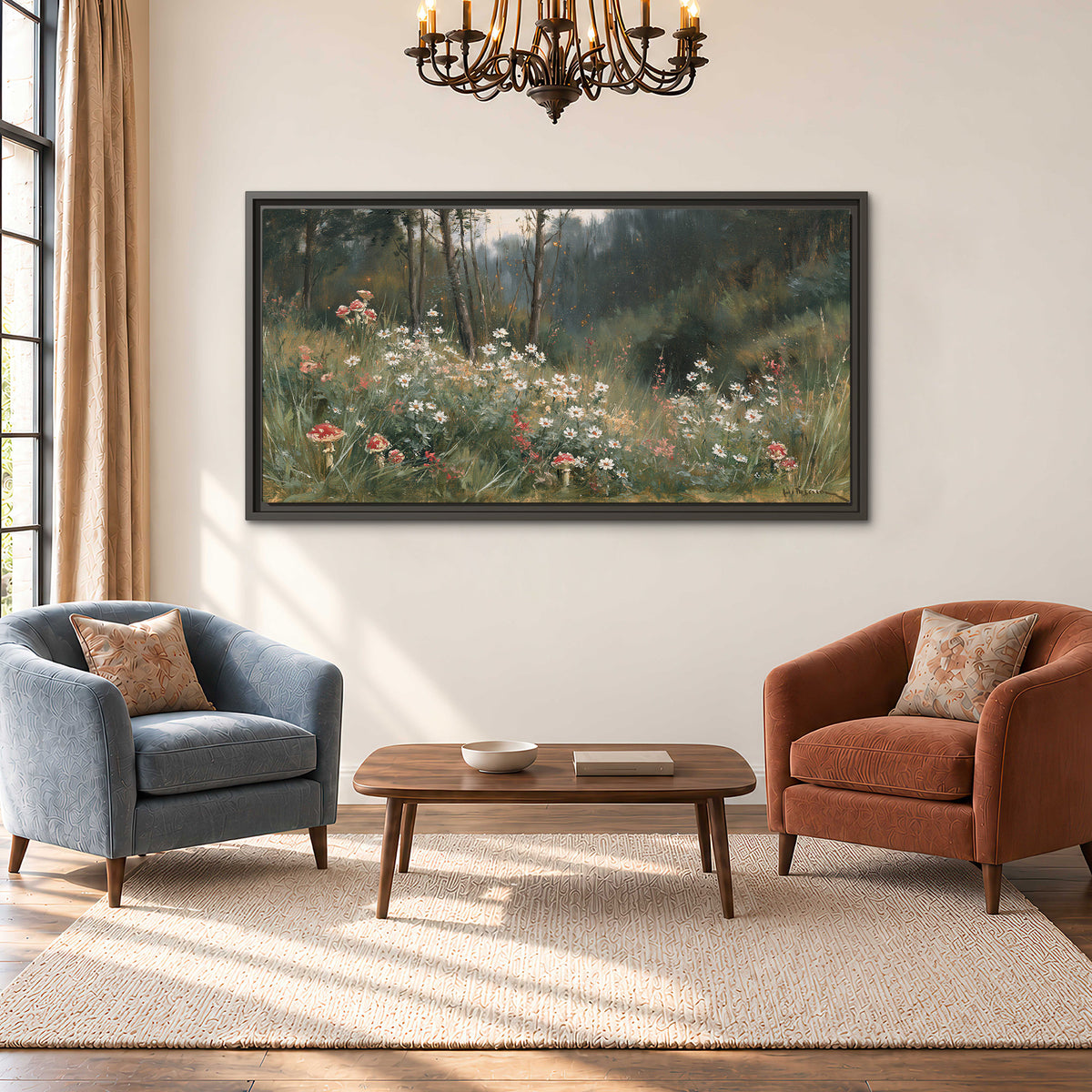 A soft woodland meadow filled with pale flowers and scattered warm red accents single framed canvas wall art styled in an interior