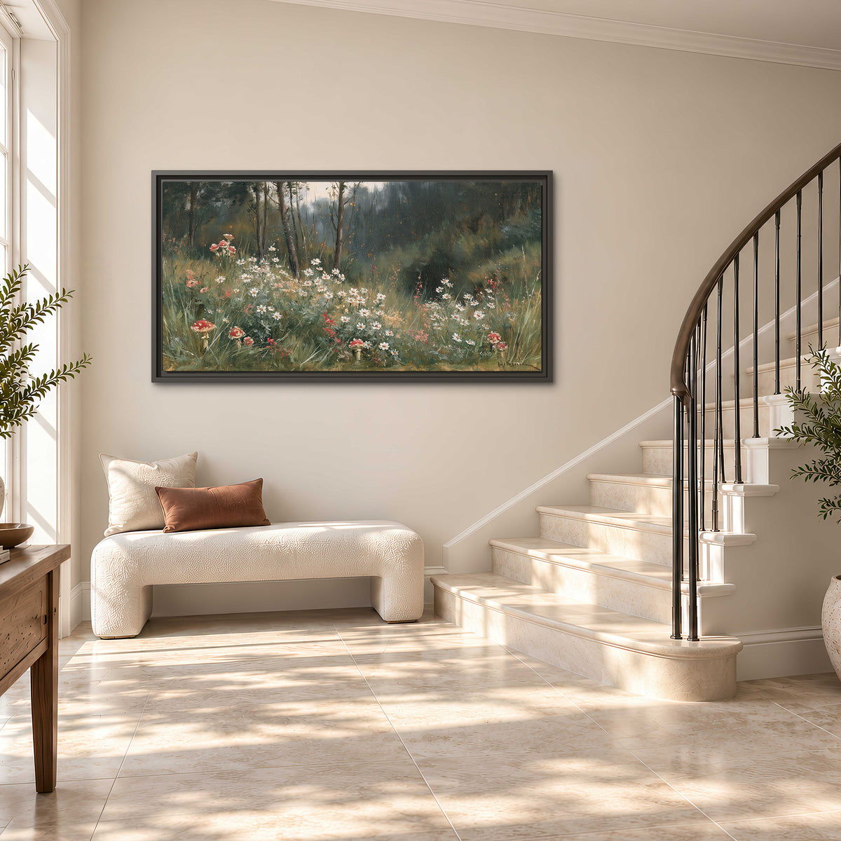 A soft woodland meadow filled with pale flowers and scattered warm red accents single framed canvas wall art styled in an interior
