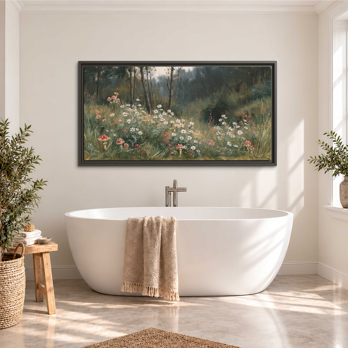 A soft woodland meadow filled with pale flowers and scattered warm red accents single framed canvas wall art styled in an interior