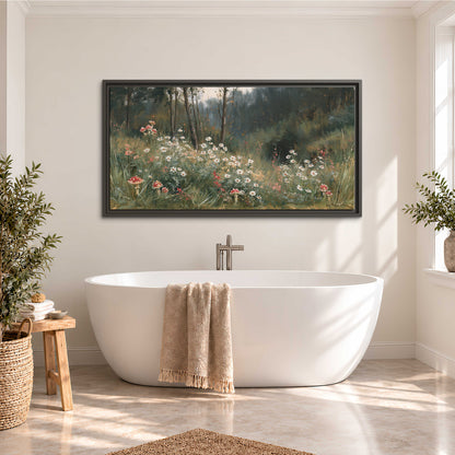 A soft woodland meadow filled with pale flowers and scattered warm red accents single framed canvas wall art styled in an interior
