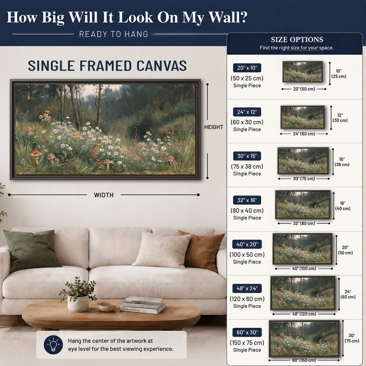 A soft woodland meadow filled with pale flowers and scattered warm red accents single framed canvas wall art size guide above a sofa; room view is illustrative