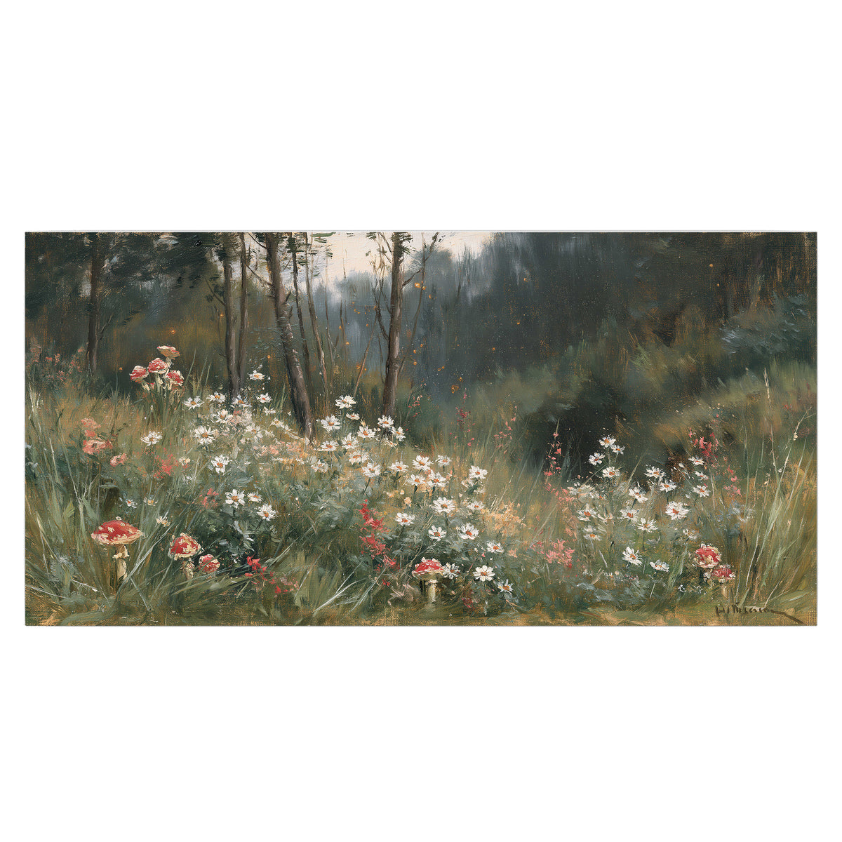 A soft woodland meadow filled with pale flowers and scattered warm red accents single poster print viewed straight on