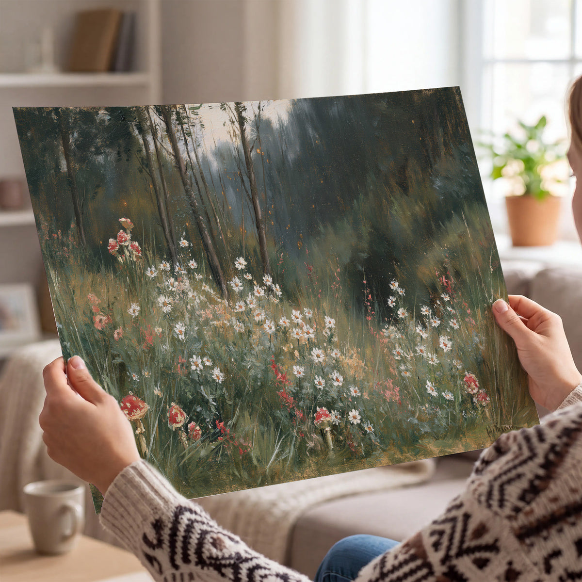 A soft woodland meadow filled with pale flowers and scattered warm red accents single poster print held in hands