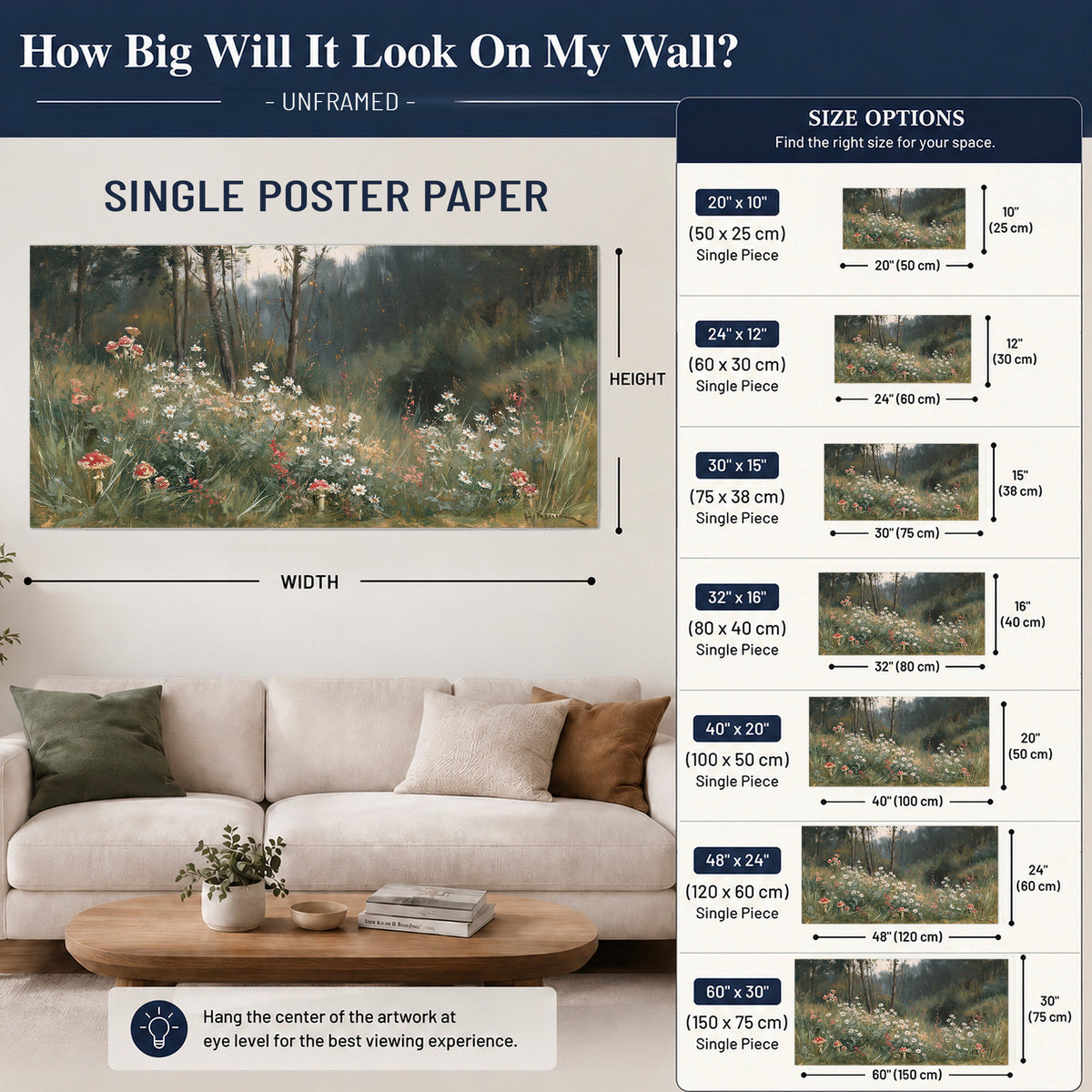 A soft woodland meadow filled with pale flowers and scattered warm red accents single poster print size guide above a sofa; room view is illustrative