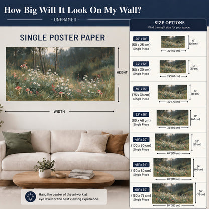 A soft woodland meadow filled with pale flowers and scattered warm red accents single poster print size guide above a sofa; room view is illustrative