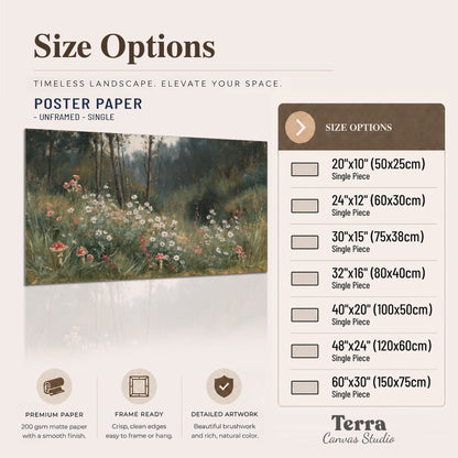 A soft woodland meadow filled with pale flowers and scattered warm red accents single poster print available dimensions