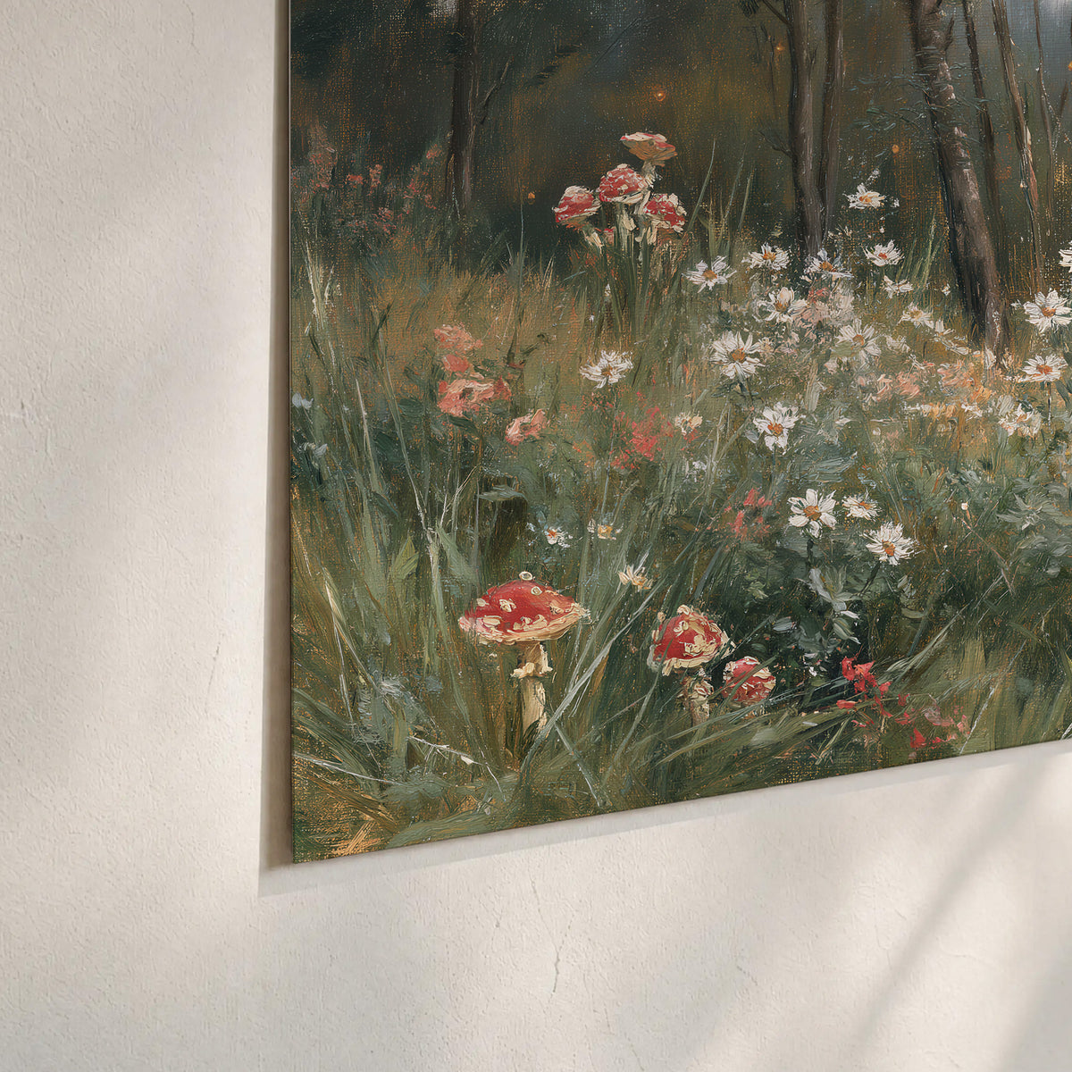 A soft woodland meadow filled with pale flowers and scattered warm red accents set of 3 poster prints material and edge close up