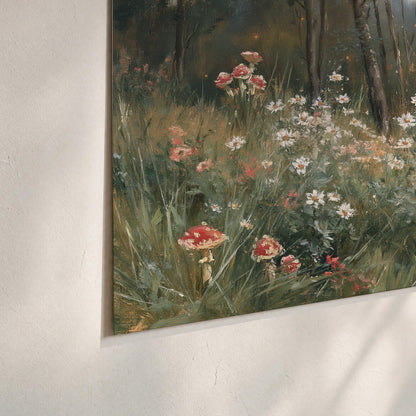 A soft woodland meadow filled with pale flowers and scattered warm red accents set of 3 poster prints material and edge close up