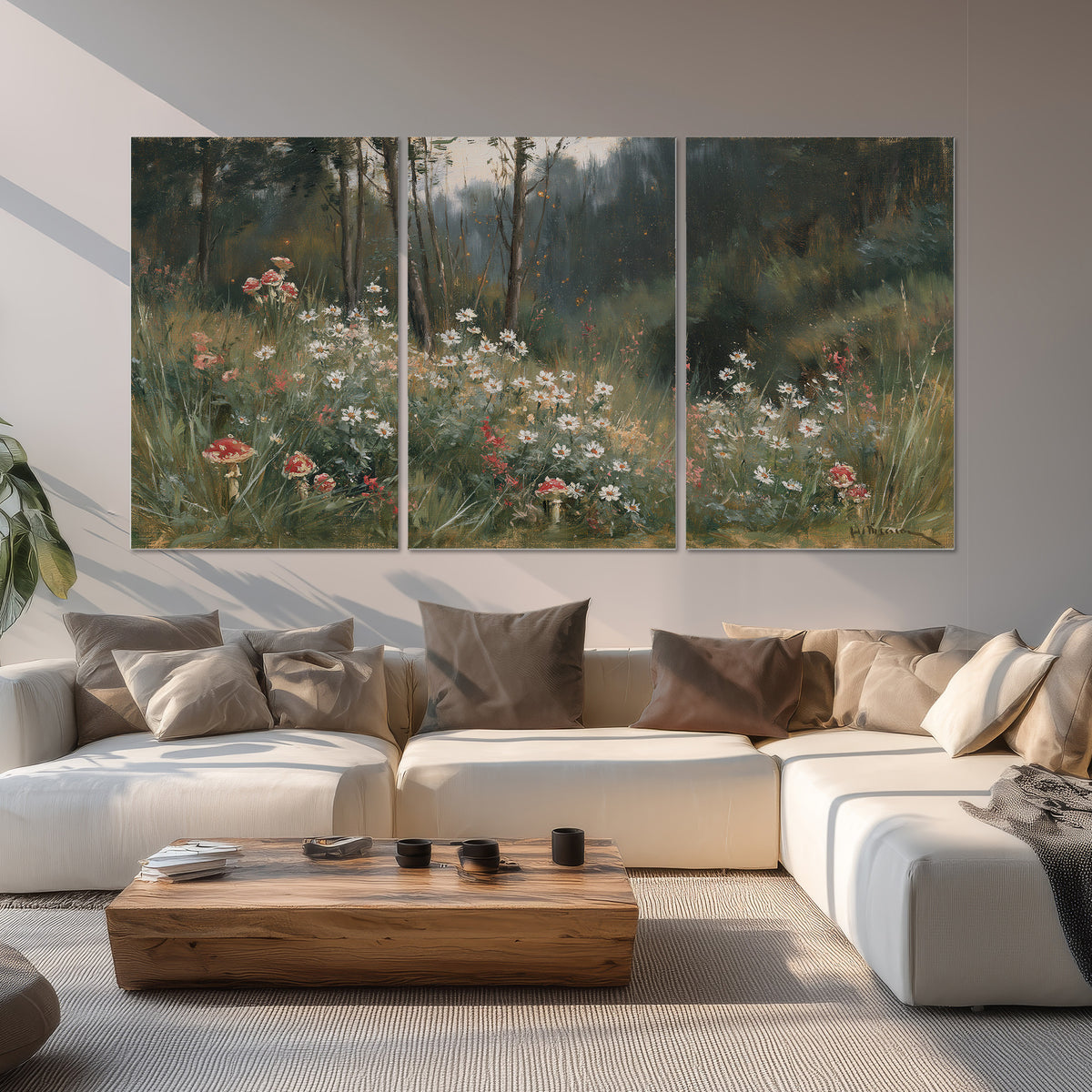 A soft woodland meadow filled with pale flowers and scattered warm red accents set of 3 poster prints displayed in a living room