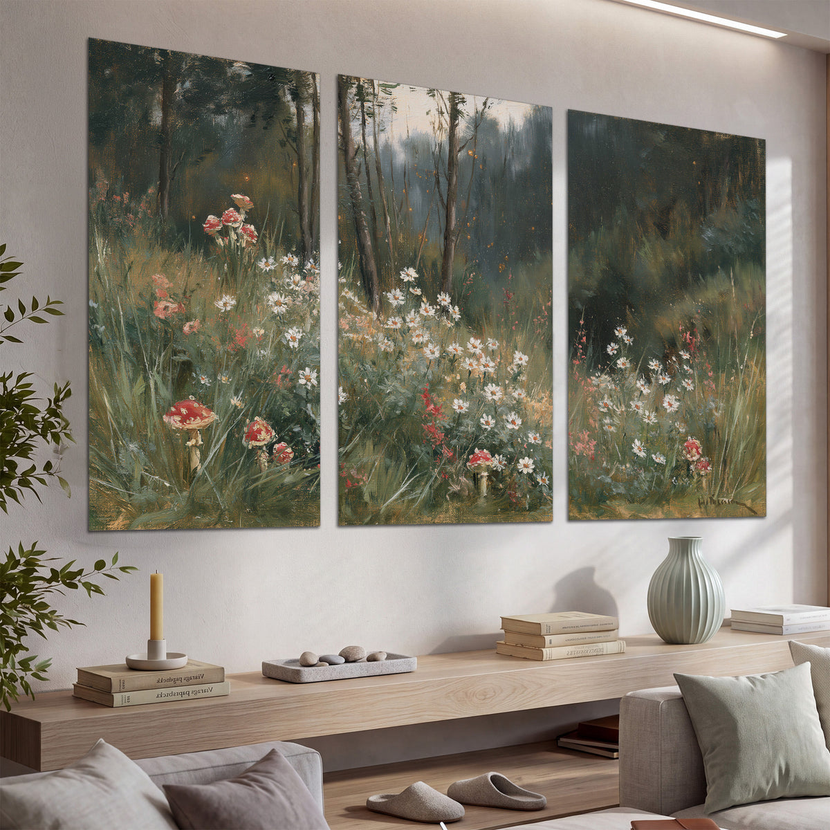 A soft woodland meadow filled with pale flowers and scattered warm red accents set of 3 poster prints displayed in a console