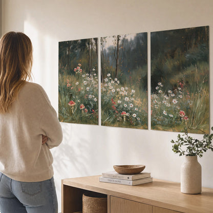 A soft woodland meadow filled with pale flowers and scattered warm red accents set of 3 poster prints three panel arrangement on a wall