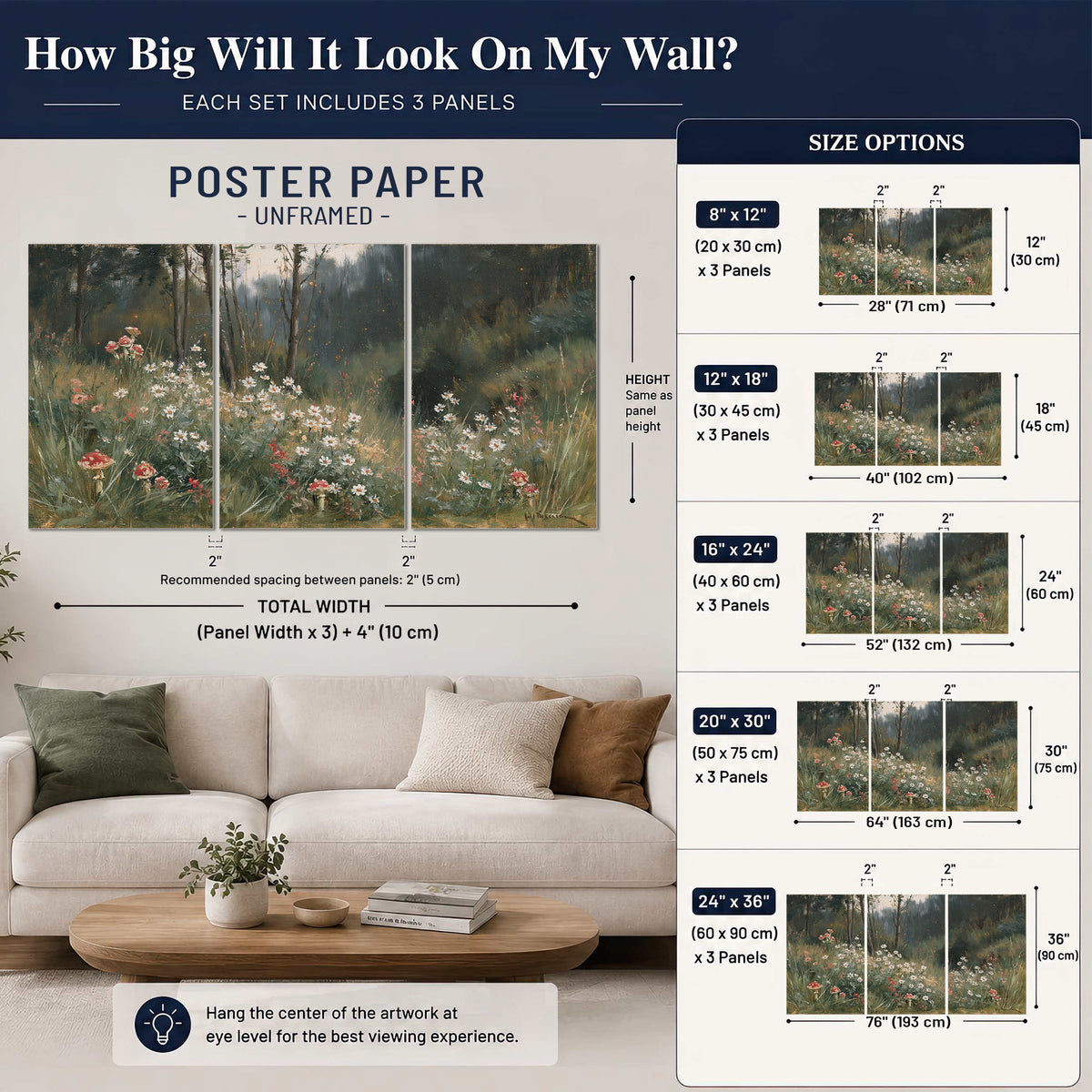 A soft woodland meadow filled with pale flowers and scattered warm red accents set of 3 poster prints size guide above a sofa; room view is illustrative