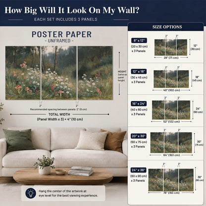 A soft woodland meadow filled with pale flowers and scattered warm red accents set of 3 poster prints size guide above a sofa; room view is illustrative