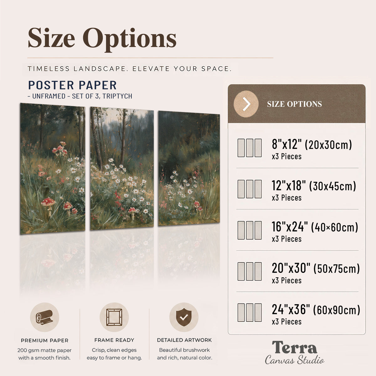 A soft woodland meadow filled with pale flowers and scattered warm red accents set of 3 poster prints available dimensions; triptych dimensions are per panel