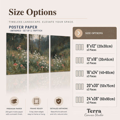 A soft woodland meadow filled with pale flowers and scattered warm red accents set of 3 poster prints available dimensions; triptych dimensions are per panel