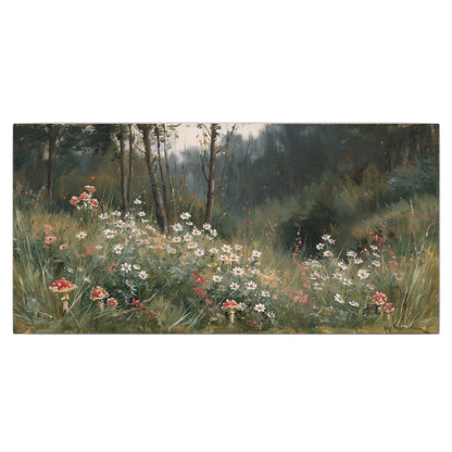 A soft woodland meadow filled with pale flowers and scattered warm red accents single canvas wall art viewed straight on