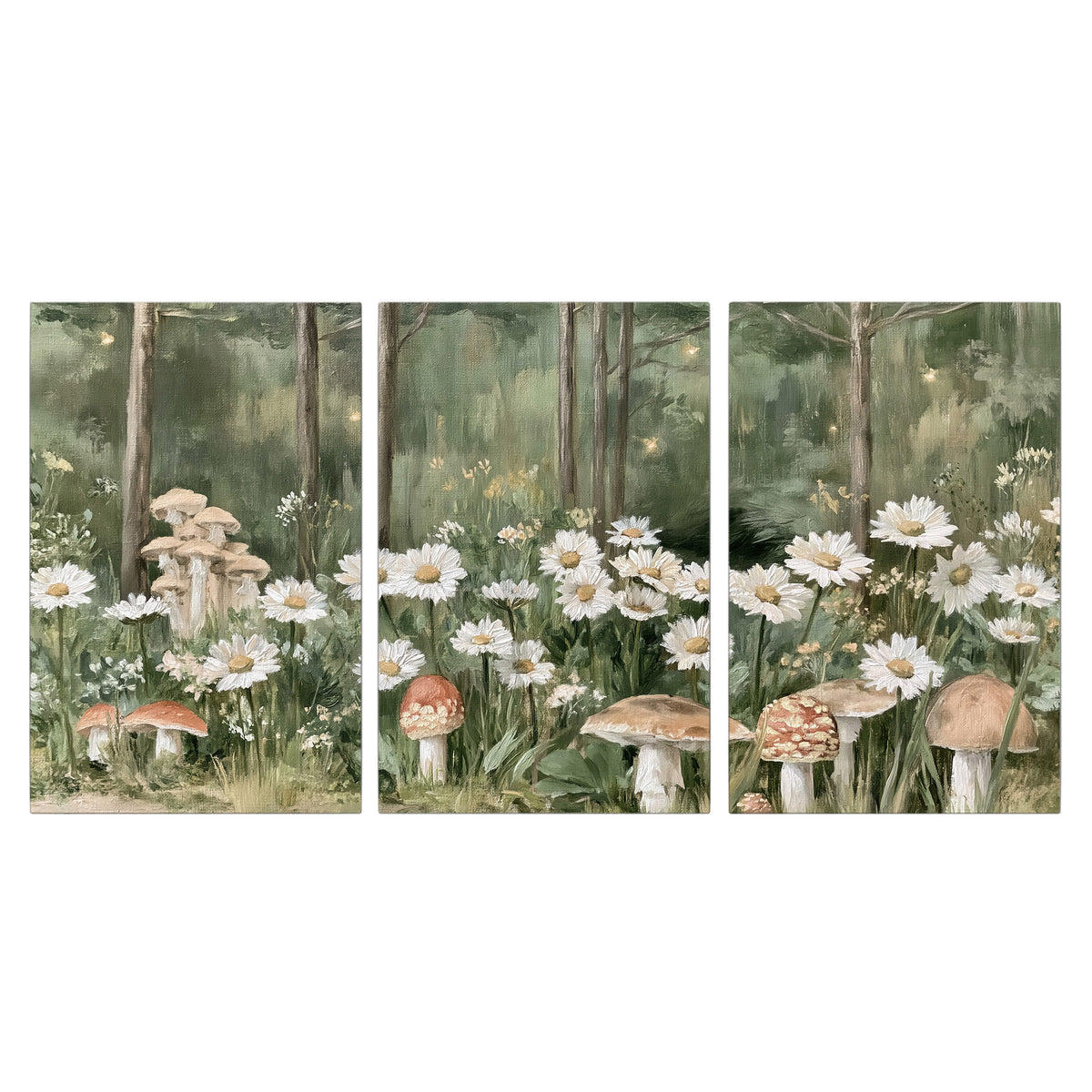 Pale pink mushrooms nestled among white daisies and tall green woodland grasses 3 piece canvas wall art viewed straight on