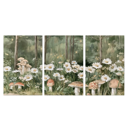 Pale pink mushrooms nestled among white daisies and tall green woodland grasses 3 piece canvas wall art viewed straight on