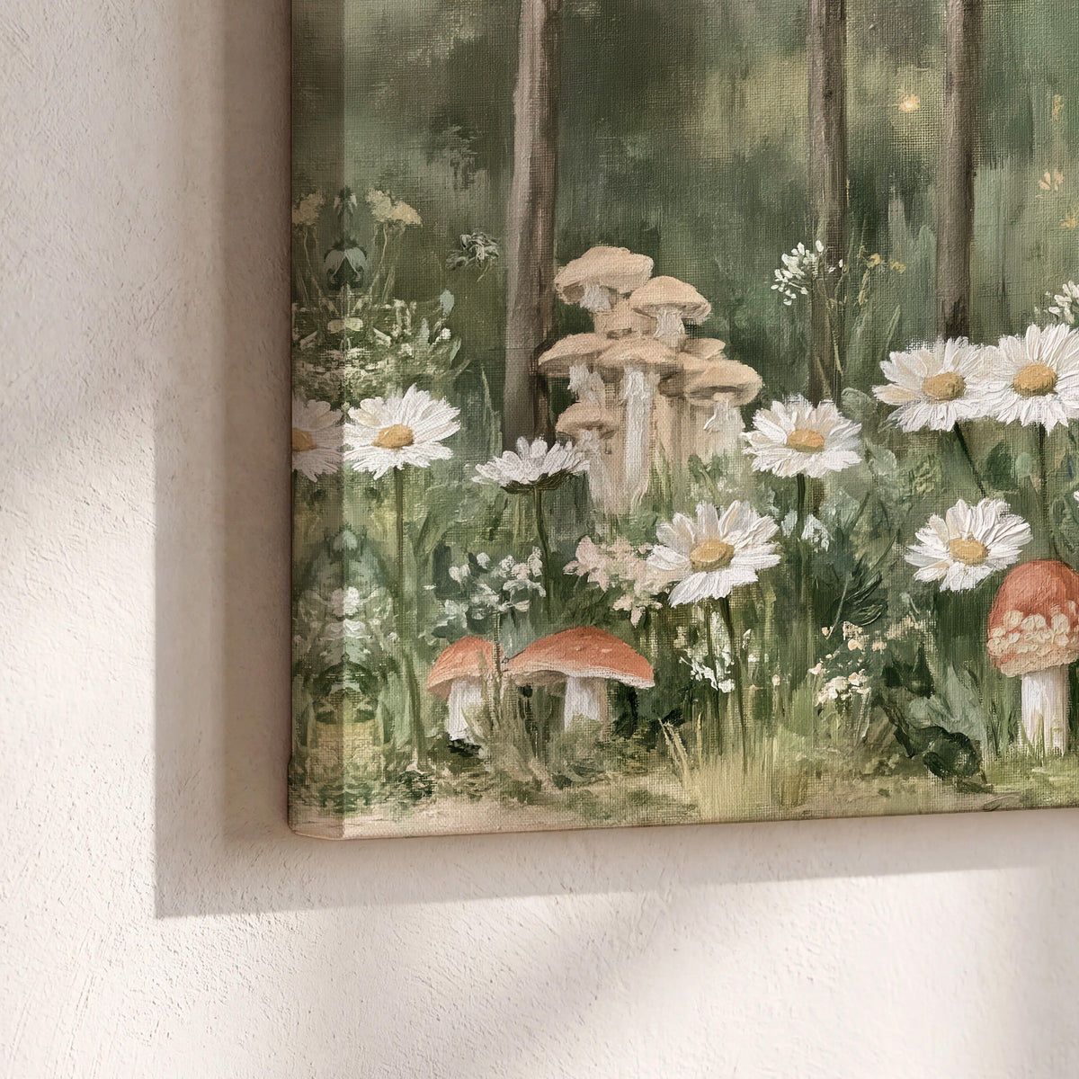 Pale pink mushrooms nestled among white daisies and tall green woodland grasses 3 piece canvas wall art material and edge close up