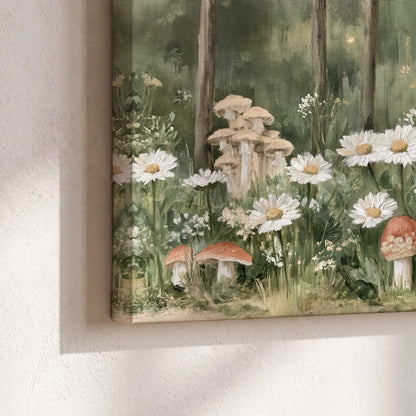Pale pink mushrooms nestled among white daisies and tall green woodland grasses 3 piece canvas wall art material and edge close up