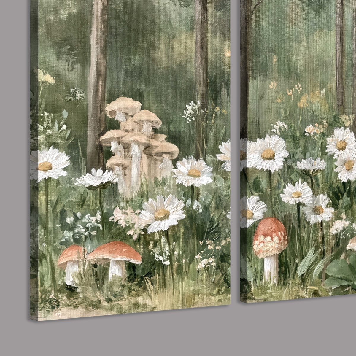 Pale pink mushrooms nestled among white daisies and tall green woodland grasses 3 piece canvas wall art room and product view
